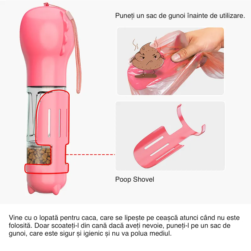 Sticlă de apă pentru câini 4 în 1 cu așternut pentru câini în aer liber, lopată și pungi